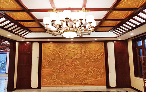 皋兰中式别墅客厅中式木作横梁吊顶装饰展示